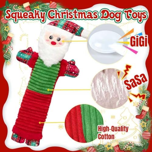 Christmas Squeaky Dog Toys with Crinkle Paper,No Stuffing Dog Toy for Large Dogs,Christmas Puppy Teething Toys to Keep Them Busy, Plush Interactive Long Lasting Chews for Aggressive Chewers