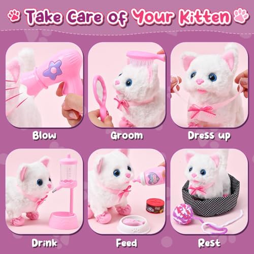 Golray Interactive Cat Toys for Kids Girls Gift, Electronic Plush Toy Cat Can Walk and Meow - 16 Pcs Carrier & Pet Groom Feed Care Pretend Play Set, Birthday Gift for Toddler Little Girl 3 4 5 6 7 8 9