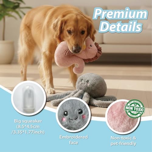 PetLike Plush Sea Animals Toys with Squeaker and Rope,Interactive and Adorable Dog Chew Toys for Medium Large Dogs Biting Training Teething (Pink Seahorse+Grey Octopus)