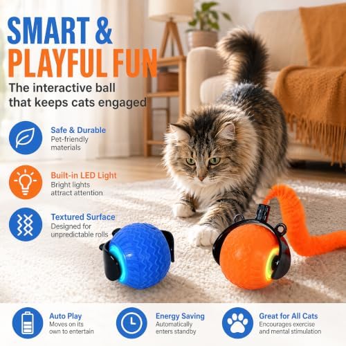 Tri-San Smart Automatic Interactive Cat Toy Ball, Rechargeable LED Moving Kitten Toy with Detachable Teaser Tail for Indoor Cat Hunting Exercise