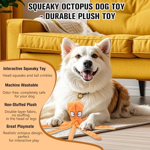 Dog Squeaky Toys Octopus, No Stuffing Plush Toys, Squeaky Octopus Dog Toy - Durable Plush for Puppies, Interactive Dogs Toys for Aggressive Chewers (Green+Orange)