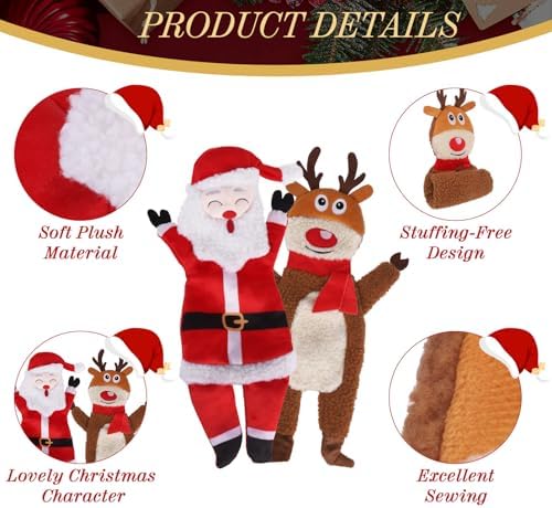 PAWCHIE Christmas Squeaky Dog Toys for Small Medium Large Dogs, No Stuffing Crinkle Puppy Toys, Soft Pet Plush Teething Toys 2 Packs Chew Toys Santa Claus Reindeer Shape for Boredom