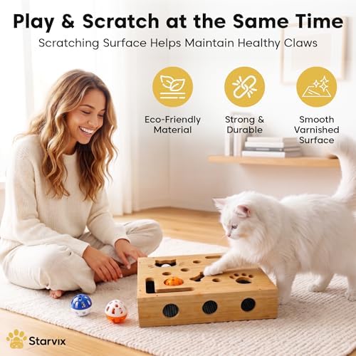Bamboo Cat Scratch Puzzle Enrichment Box, Interactive Cat Nail File Box with Sandpaper, 3 Bell Balls & Teaser Wand, Durable Eco-Friendly Scratcher Toy for Indoor Cats, Stress-Free Nail Filing