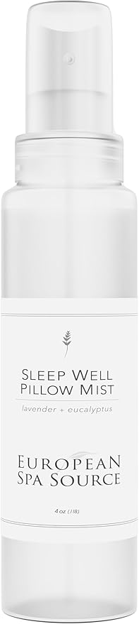 European Spa Source Sleep Well Eucalyptus + Lavender Pillow Mist Spray for Aromatherapy, at Home Spa Experience, Tension Relief, Sleep Support, and Relaxation, 4 fl oz.