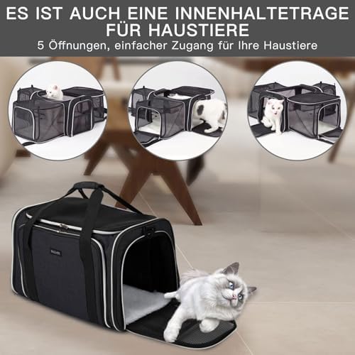 BAGLHER Expandable Cat Carrier with Travel Litter Box, Pet Travel 5 Sides Open Doors 3 Sides, Leak-Proof and Collapsible, for Car, Airplane Trip, Black