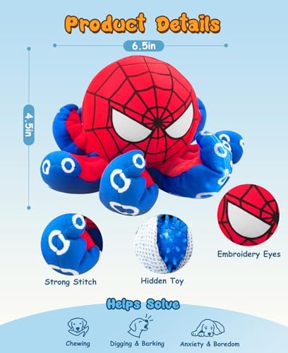 3 in 1 Tear Apart Squeaky Dog Toy - Spider Stuffed Rip and Reveal Dog Toy, Plush Interactive Pet Toy with Spikey Ball Inside for Small Medium Pets to Keep Them Busy