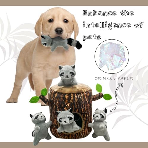 Hide and Seek Dog Toys Squeaky Raccoon Plush Toy with Crinkle Trunk, Interactive Dog Toy to Keep Them Busy Pet Chew Toys for Small & Medium Dogs (Tree Trunk Hideout with 4 Raccoon)