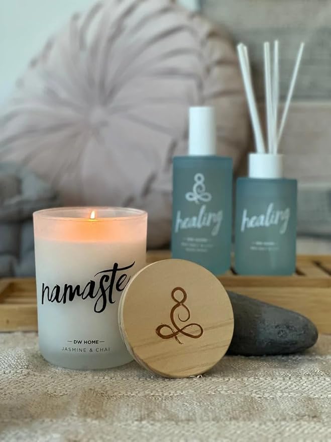 DW Home Namaste | Jasmine & Chai Scented Candle for Home, 7.5 oz, 8.8 oz Candle Jar, Up to 40H Burn Time, Luxury Scented Candle for Relaxation, Gifting, Home Decor