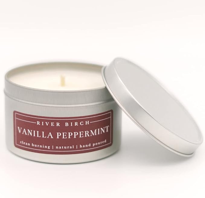 River Birch Candles Vanilla Peppermint Scented Candle | Premium, All-Natural, Non-Toxic, Soy Candles | 8 oz. Silver Tin Travel Candle | Cozy Relaxing Gifts for Home