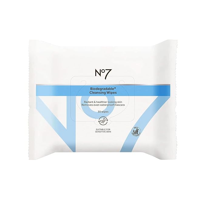 No7 Biodegradable Cleansing Wipes - Waterproof Mascara & Makeup Remover Wipes - Vitamin B5 + Witch Hazel & Fennel Extract Facial Cleansing Wipes for Revitalized Radiant Skin (30 Wipes)
