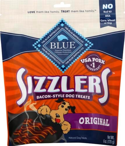 Blue Buffalo Sizzlers Natural Soft Dog Treats, Bacon-Style Soft-Moist Dog Treats with Real USA Pork, Original Flavor, 6-oz Bag, (Pack of 2)