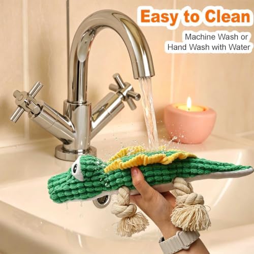 Green Crocodile Chew Plush Dog Toy, 14.2 in, Squeaker and Rope