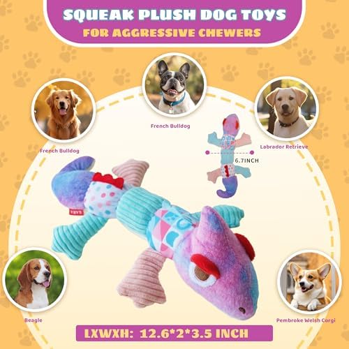 Squeaky Dog Toys Stuffed Plush Pet Toy, Eliminates Boredom for Small Medium Breed, Chewing and Playing Tug of War to Keep Them Busy (Chameleon)
