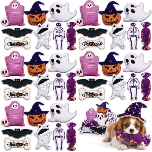 Soulchen 40 Pcs Halloween Dog Squeaky Toys, Plush Stuffed Chew Bulk with Squeakers, 8 Styles Interactive Funny Puppy Enrichment Set for Small Medium Pets