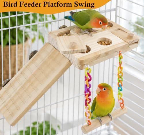 FlidRunest Wooden Bird Foraging Puzzle Platform Swing with Climbing Ladder for Parrots, Parakeet, Cockatiel, Sun Conures - Birds Interactive Mental Enrichment Toy, Bird Seed Slow Feeder Toy for Cage