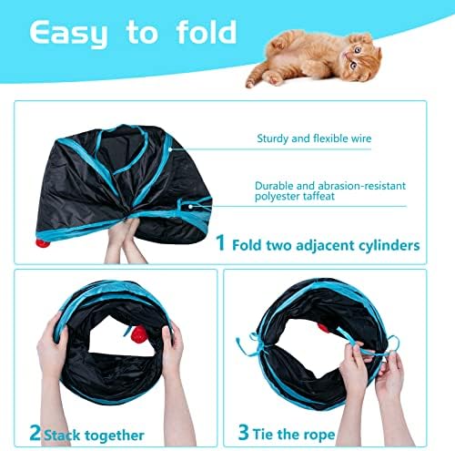 Sheldamy Cat Tunnel, 2-Way Collapsible Play Tunnel, Interactive Toy Maze for Small Animals, Suitable for Kittens, Puppies, Rabbits, Ferrets, Blue & Black