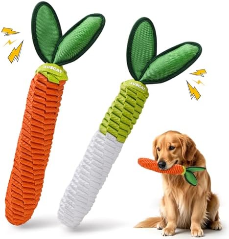 AUSCAT 2PCS Carrot Dog Rope Toy, Durable Tug of War Toy with Squeaker, Braided Teething Toys for Small Medium Large Dogs