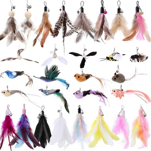 Leitee 30 Pcs Cat Feather Toy Refills, Wand Replacements Bird Insect Mice