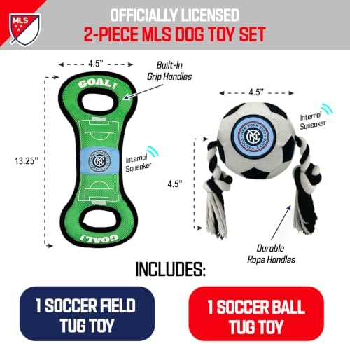 Pets First MLS New York City FC Soccer Field Tug Toy & Soccer Ball Rope Toy Set for Dogs - Officially Licensed Interactive Squeaky Rope Fetch & Chew Toys with Team Logo
