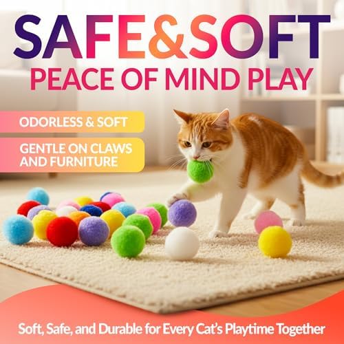 HA SHI [200pcs in Sturdy Jar] 1.2 Inch Soft Plush Cat Toy Balls - Perfect Size Interactive Fetch Toys for Indoor Cats, Quiet Night Play, Assorted Colorful Fuzzy Poms for Kittens