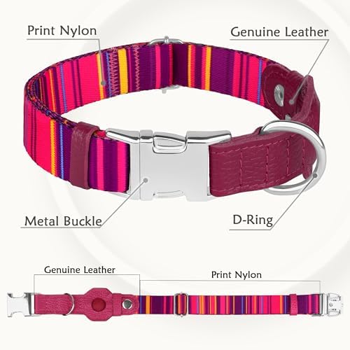 AirTag Dog Collar for Small Medium Large Breed - Adjustable Cute Pattern Dog Collar with Airtag Holder - Soft Leather Tracker GPS Apple Air Tag Pet Collars (X-Large, 20"-25" Neck Fit, Striped)