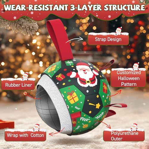 QDAN Christmas Dog Toys: Soccer Ball with Straps for Outdoor Play, Tug of War- Dog Birthday Gift, 8 Inch Balls for Medium & Large Dogs