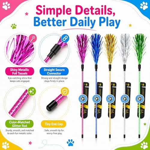 ADUCK Tinsel Cat Wand Toys for Indoor Cats, Interactive Kitten Toys, 5 Pack