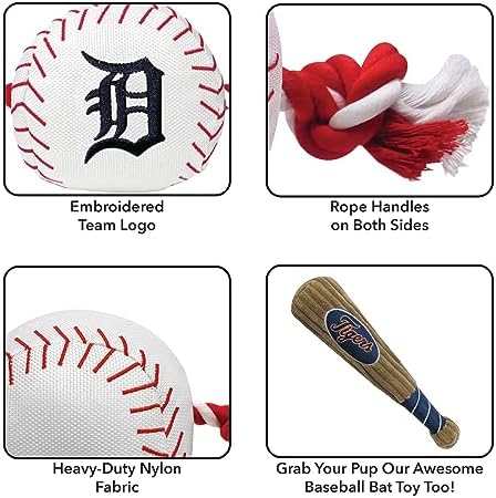 Pets First MLB Detroit Tigers Baseball Rope Toy for Dogs & Cats. Tough Nylon, Sporty Baseball Design, Heavy-Duty Ropes with Inner Squeaker