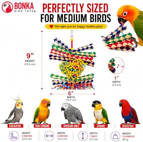 Bonka Bird Toys 1730 Foraging Valentine Heart Bird Toy for Medium Birds Shredding and Chewing Cage Toy Colorful Palm Leaf and Paper Foraging Toy 9" x 6" (Pack of 2)