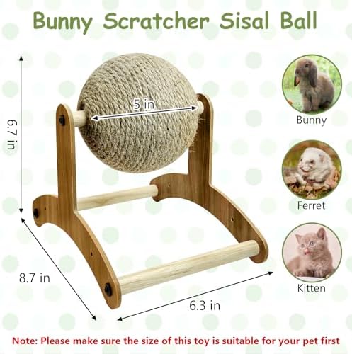 Fhiny Rabbit Scratch Toy, Natural Sisal Rabbit Scratching Ball Sisal Rope Bunny Claw Scratcher Rotating Ball Interactive Toys Nail Scratching Post for Indoor Pets Kittens Ferrets Small Animals