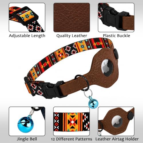 Breakaway Cat Collar with Leather AirTag Holder & Bell - Apple Air Tag Cat Collars for Girls & Boys, Lightweight Anti-Lost GPS Tracker Design, Printed Pattern - Safety and Adjustable (Western)