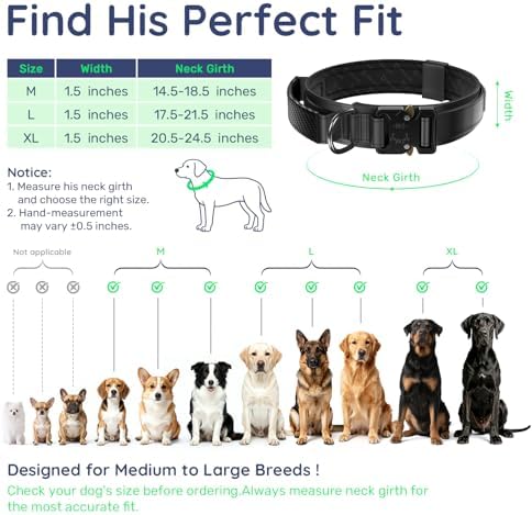 Premium Tactical Dog Collar - Adjustable Military Heavy Duty Dog Collar for Medium Large Dogs - Durable Metal Buckle Dog Collar with Leather Control Handle and Soft Comfortable Padding