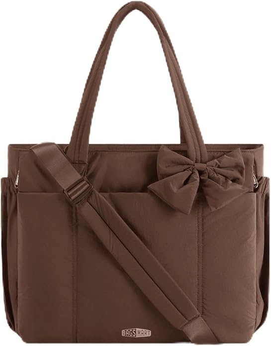 BAGSMART Crush Bow Tote Bag for Women, Puffer Travel Work Yoga Laptop Bag | Large Bow Tote Fits 40oz Tumbler, 15.6" Laptop, Yoga Mat Sleeve, Waterproof Pocket, Travel Work Swim Gym Mom Shoulder Handbag