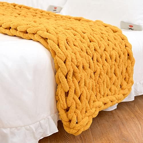 Soft Chunky Knit Throw Blanket for Couch, Cozy Warm Knitted Blankets | Hand Knit with Jumbo Chenille, Lightweight Warm Fluffy Decor for Women, Mom, Her & Girls, Sofa, Chair, Bed, 48"×71" (Yellow)
