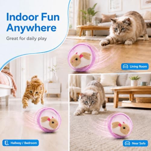 Self Rolling Interactive Cat Ball, Automatic Moving Cat Toy with Plush Animal Inside, 360° Rolling Cat Chasing Ball with Transparent Ball for Cats Dogs Small Pets (Pink,White/Brown Mouse)