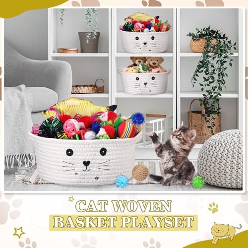 Zopeal 58 Pcs Summer Cat Storage Basket Gift Toys Set, Colorful Flashing Balls Pet Bell Crinkle Balls Spring Toys Attract Cat to Swat, Hunt, Interactive for Pet(White,9.8 Inch)