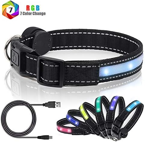 Light Up Dog Collars, Safety LED Dog Collar Rechargeable 7 Colors in One Lighted Dog Collar Glow in The Dark Dog Walking Light, Neon Durable Nylon Adjustable Buckle for Small/Medium/Large Dogs, L Size