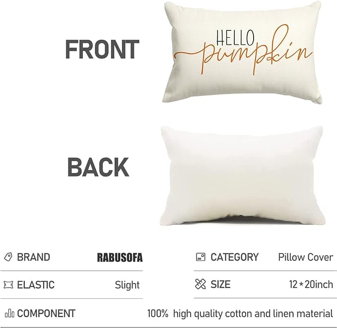 RABUSOFA Fall Pillow Covers 12x20 Inch,Autumn Hello Pumpkin Pillows Decorative Throw Pillows,Lumbar Outdoor Thanksgiving Cushion Cover Farmhosue Fall Decor for Bedroom Couch Sofa White