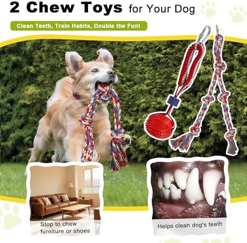Outdoor Tug of War Dog Toy, Tether Interactive Dog Tug Toy Backyard Heavy-Duty Dog Solo Play Exercise Toy for Large Medium Dogs, Height Adjustable, 2 Rope Toys