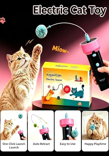 Electric Cat Fishing Toy, Type-C Recharge Interactive Teaser Entertainment Toy for Kitten, One-Click Pop Out & Auto Retractable Cat Wand Toy with Soft Balls, Kitten Teaser Toys for Indoor Cats (Black)