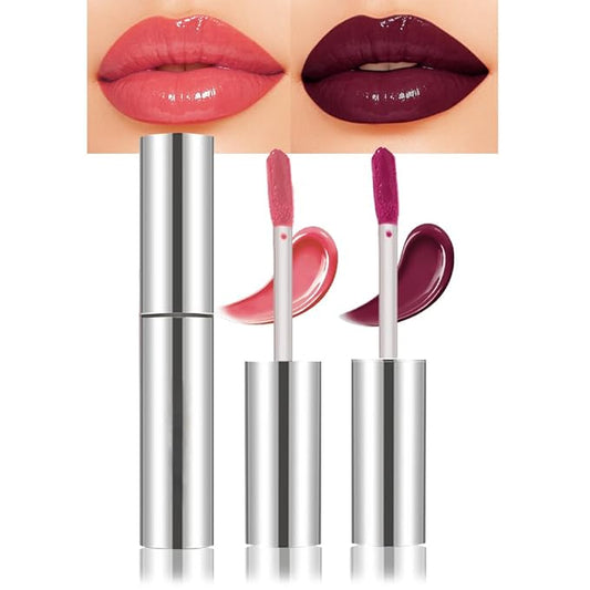 2Pcs Full-On Plumping Liquid Lip Gloss, Pink & Plum Hydrating Lip Plumper Lip Blam Lipstick, High-Shine Tinted Formula for Fuller, Nourishes, Moisturizes & Softens Lips, Cruelty-Free (01+04)
