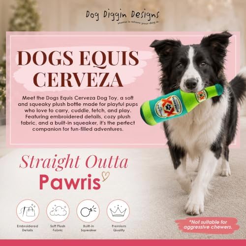 Dog Diggin Designs Dogs Equis Cerveza Plush Dog Toy | Luxury-Inspired Parody Beer Bottle Dog Toy with Squeaker, Soft Plush Novelty Dog Toy – Shaken, Not Stirred!
