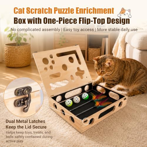 Cat Scratch Puzzle Enrichment Box, Wooden Interactive Toy for Indoor Cat