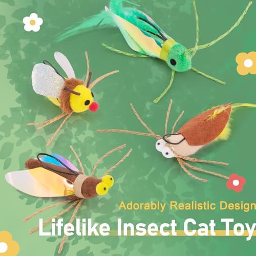 SONGWAY Cat Bug Toy Wand - Insect Interactive Cat Toys with Retractable Teaser Wand and 4 Pcs Bug Toy Feather Replacements for Cats Kittens