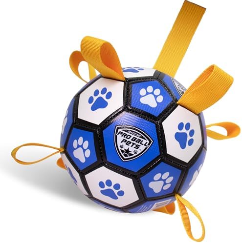 Maccabi Interactive Dog Soccer Ball for Dogs, 6” with Straps & Grab Tabs, Floats on Water, Fetch & Training Toy for Small/Medium Dogs, Herding Breeds, Waterproof Non-Toxic – ProBall Pets – Blue White