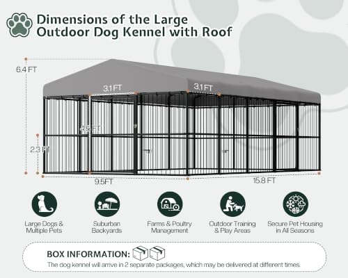 Jocisland 10X16X6.4 FT Outdoor Dog Kennel, 2 Doors, Waterproof Roof