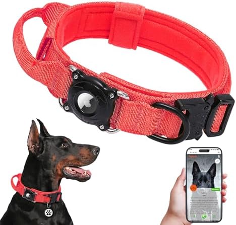 Tactical AirTag Dog Collar Waterproof with QR ID Tag, Military Training Dog Collar with Built-in AirTag Holder, Strong Metal Buckle & Control Handle, GPS Tracking Collar for Medium Dogs (Red, M)