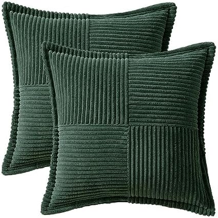 MIULEE Decorative Euro Sham Throw Pillow Covers 22x22 Inch Dark Green | 2 Pack, Boho Broadside Striped Patchwork Pillow Covers, Soft Corduroy Cushion Cases, For Bed Sofa Couch Livingroom Home Decor