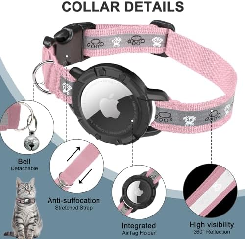 Reflective AirTag Cat Collar, Integrated Cat Collar with Air Tag Holder | Built in AirTag Holder, Adjustable 7-13in for Cats, Kittens and Puppies, Safety Elastic Band, Reflective for Night Walking