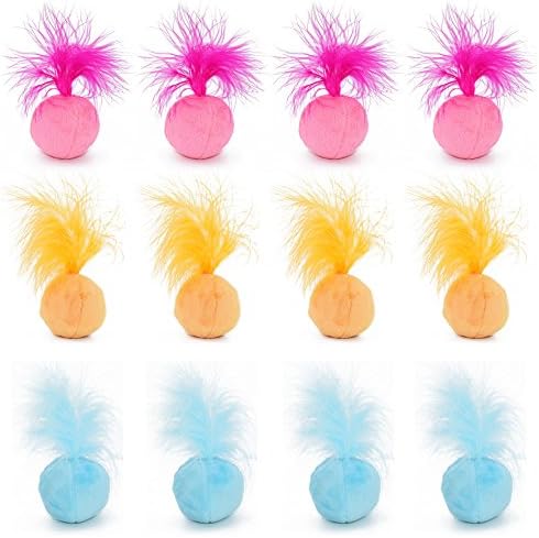 Furry Rattle Ball Cat Toy with Feather and Catnip - Interactive Pom Pom Balls for Cats, Soft and Lightweight, 2 Inch, 12 Pack.